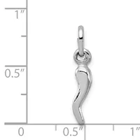 A polished silver curved horn-shaped pendant with a small loop at the top, shown against a ruler measuring approximately 0.75 inches in length.
