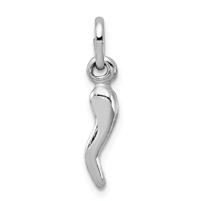 A polished silver curved horn or chili pepper-shaped pendant hanging from a bail loop against a white background.
