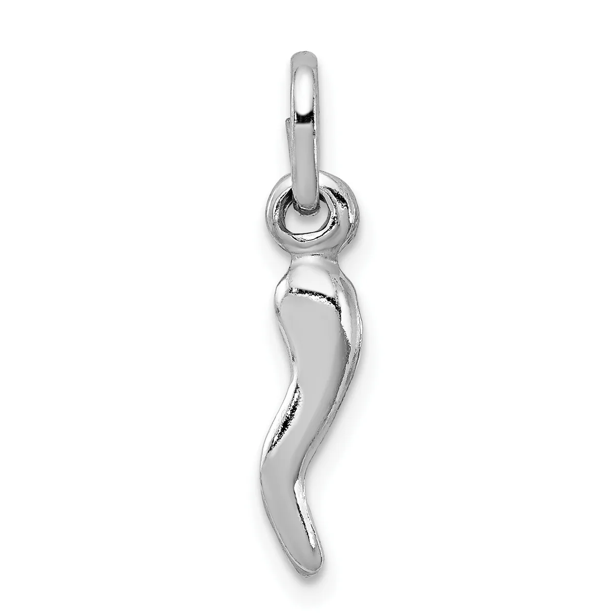 A polished silver curved horn or chili pepper-shaped pendant hanging from a bail loop against a white background.