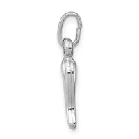 A silver pendant in an elongated oval shape with a small stamped hallmark, suspended from a silver carabiner clip against a white background.