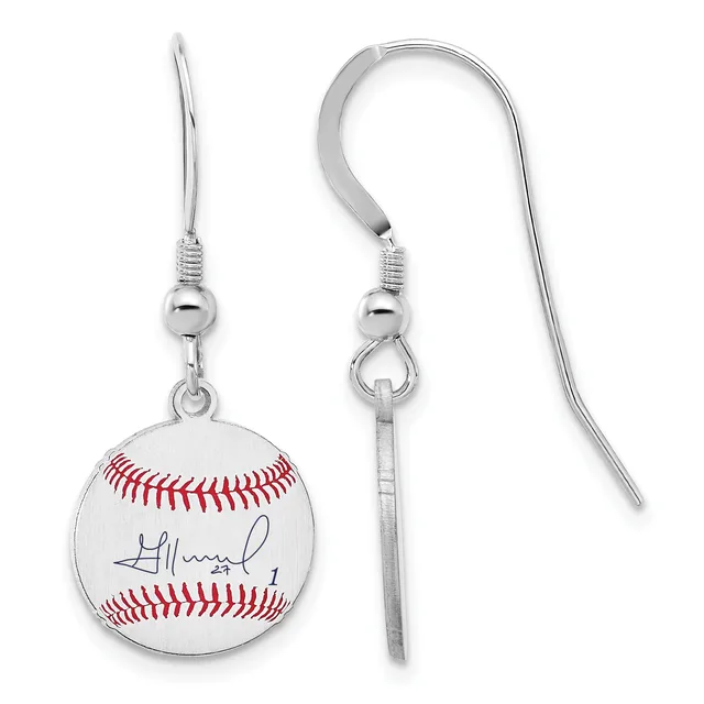 A pair of silver-toned earrings with fish hook closures, each featuring a circular baseball pendant with red stitching and a signature.