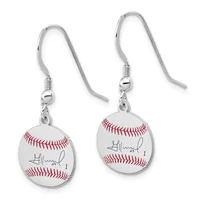 Pair of silver-toned dangle earrings with baseball designs, featuring red stitching and handwritten signatures on white enamel bases, suspended from curved wire hooks.