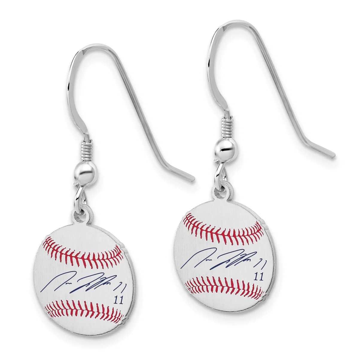 A pair of silver-toned fish hook earrings with baseball charms featuring red stitching and blue signatures with the number 11.