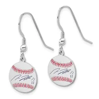 A pair of silver-toned fish hook earrings with baseball charms featuring red stitching and blue signatures with the number 11.