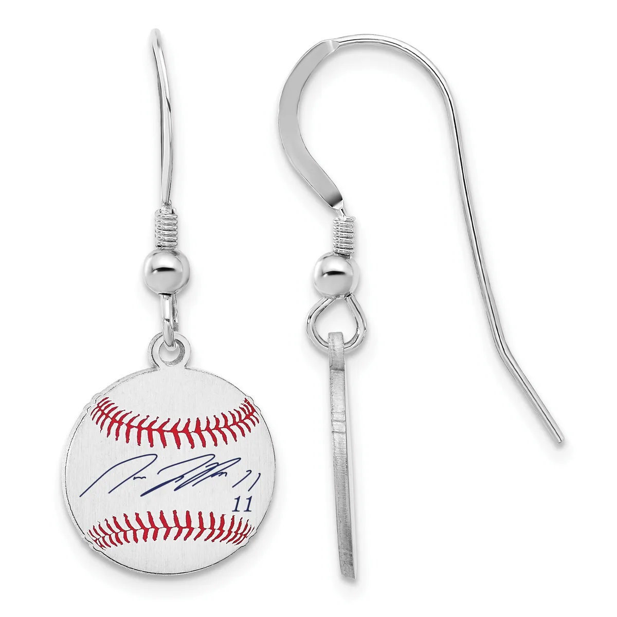A pair of silver-colored drop earrings with fish hook wires, each featuring a circular baseball pendant with red stitching and a handwritten signature.