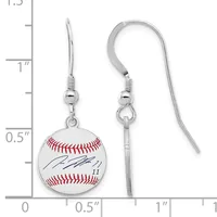 Pair of silver-toned fish hook earrings with small baseball-shaped pendants featuring red stitching and a signature, displayed against a measurement scale.