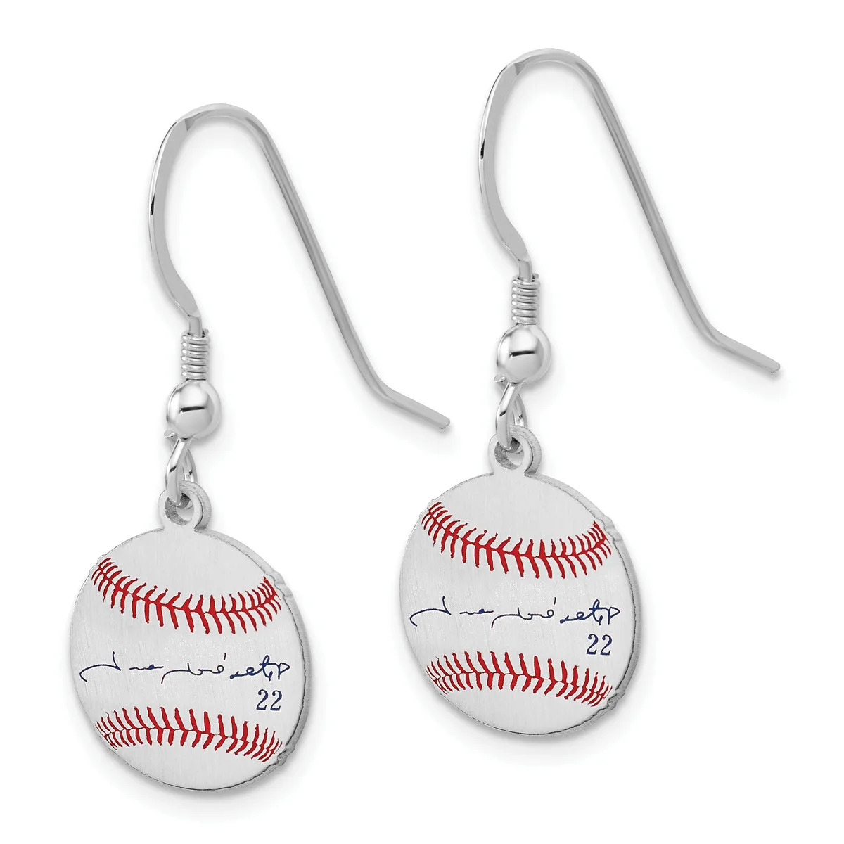 A pair of silver-toned earrings featuring miniature baseballs with red stitching and handwritten signatures, suspended from curved wire hooks.