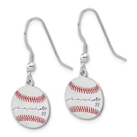 A pair of silver-toned earrings featuring miniature baseballs with red stitching and handwritten signatures, suspended from curved wire hooks.