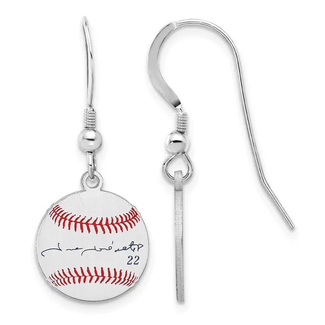 A pair of silver-plated earrings featuring miniature baseballs with red stitching, a signature, and the number 22, suspended from matching hook closures.