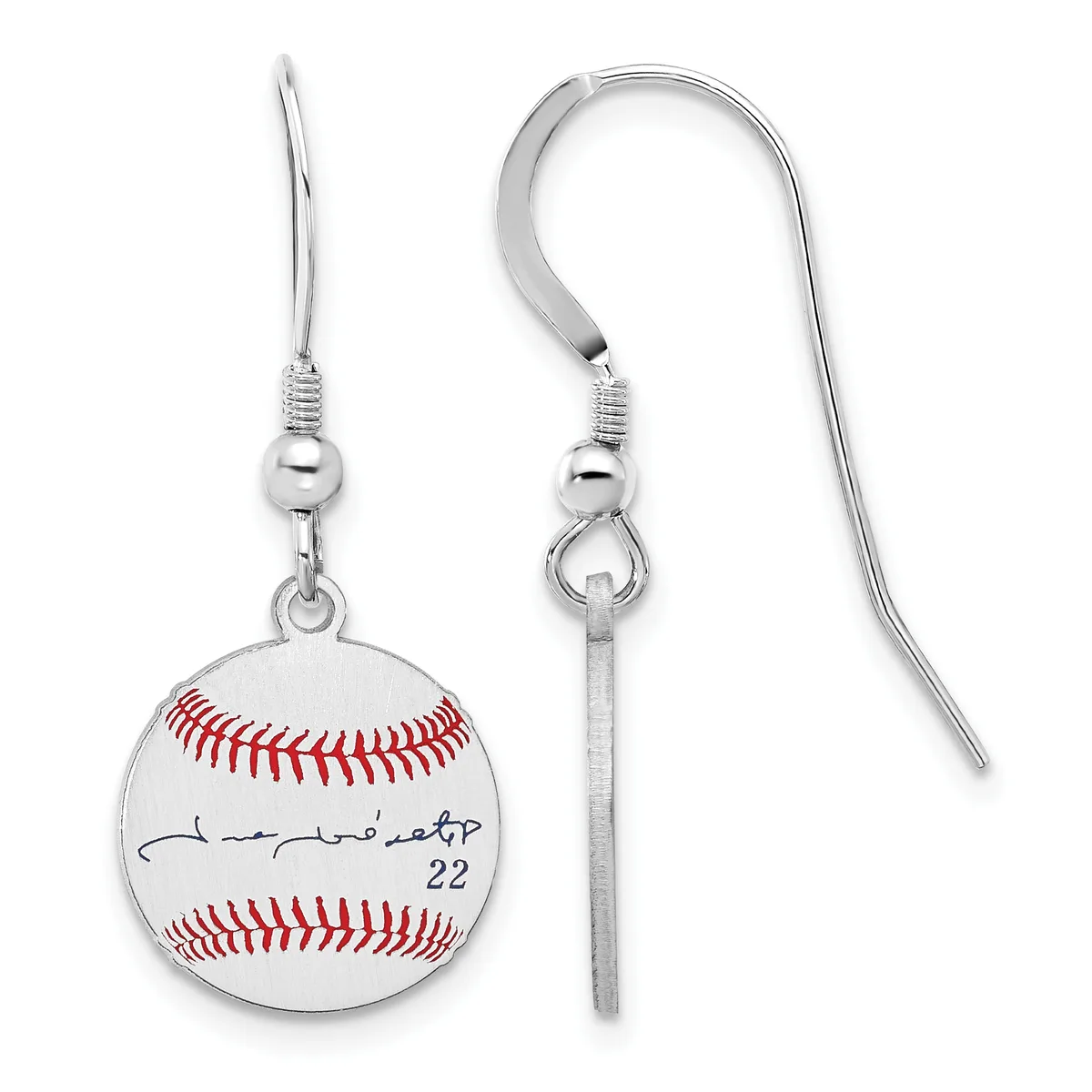 A pair of silver-plated earrings featuring miniature baseballs with red stitching, a signature, and the number 22, suspended from matching hook closures.