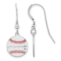 A pair of silver-plated earrings featuring miniature baseballs with red stitching, a signature, and the number 22, suspended from matching hook closures.