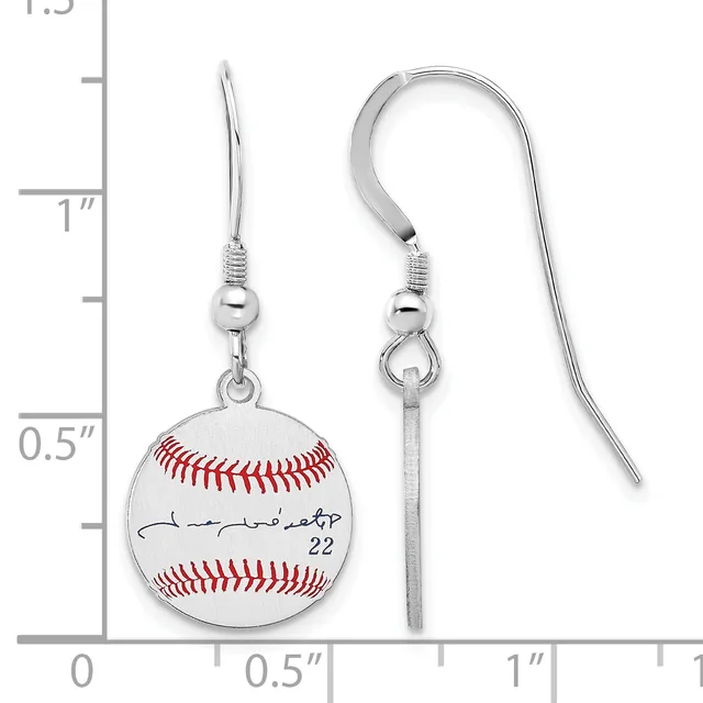 Pair of silver-toned baseball earrings with fish hook wires, each featuring a white baseball charm with red stitching and a signature, shown against a ruler for scale.