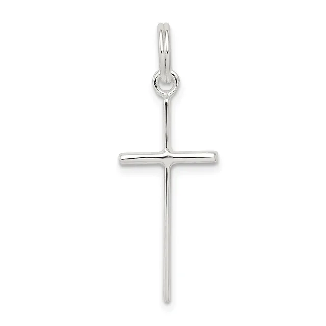 A polished silver cross pendant with a thin vertical stem and horizontal crossbar, suspended from a small loop bail at the top.