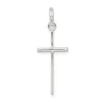 A polished silver cross pendant with a thin vertical stem and horizontal crossbar, suspended from a small loop bail at the top.