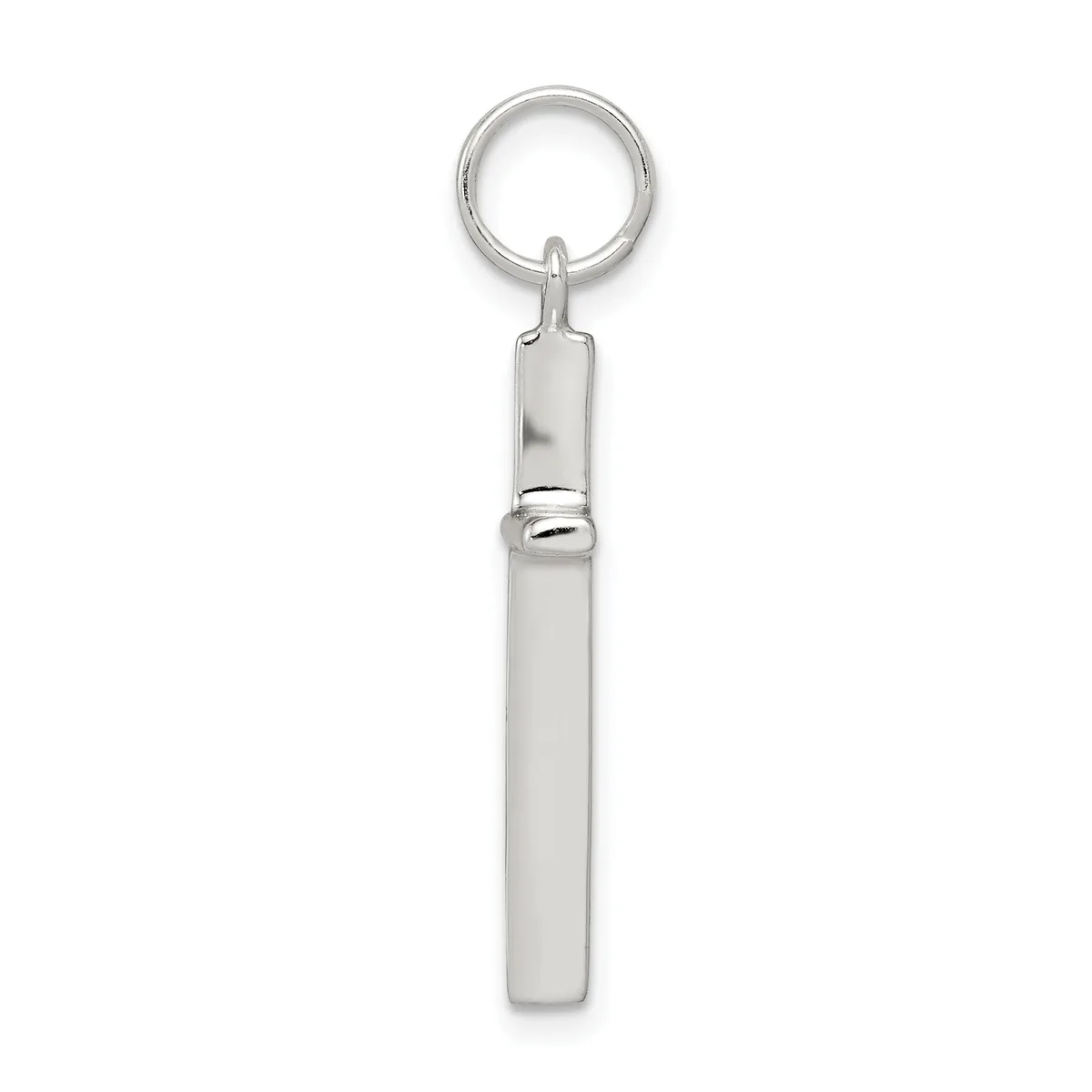 A silver rectangular pendant with a polished finish hangs from a silver split ring keychain.
