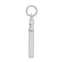 A silver rectangular pendant with a polished finish hangs from a silver split ring keychain.