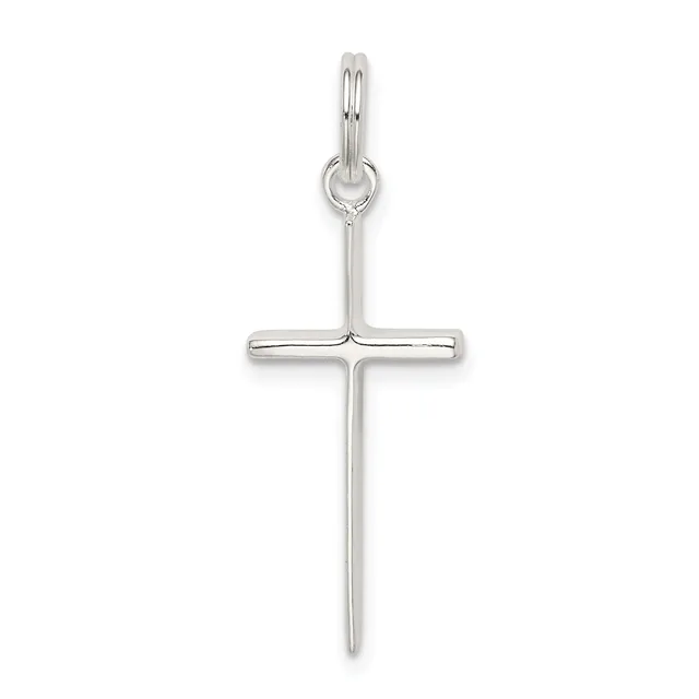 A polished silver cross pendant with a rounded loop bail at the top, displayed against a white background.