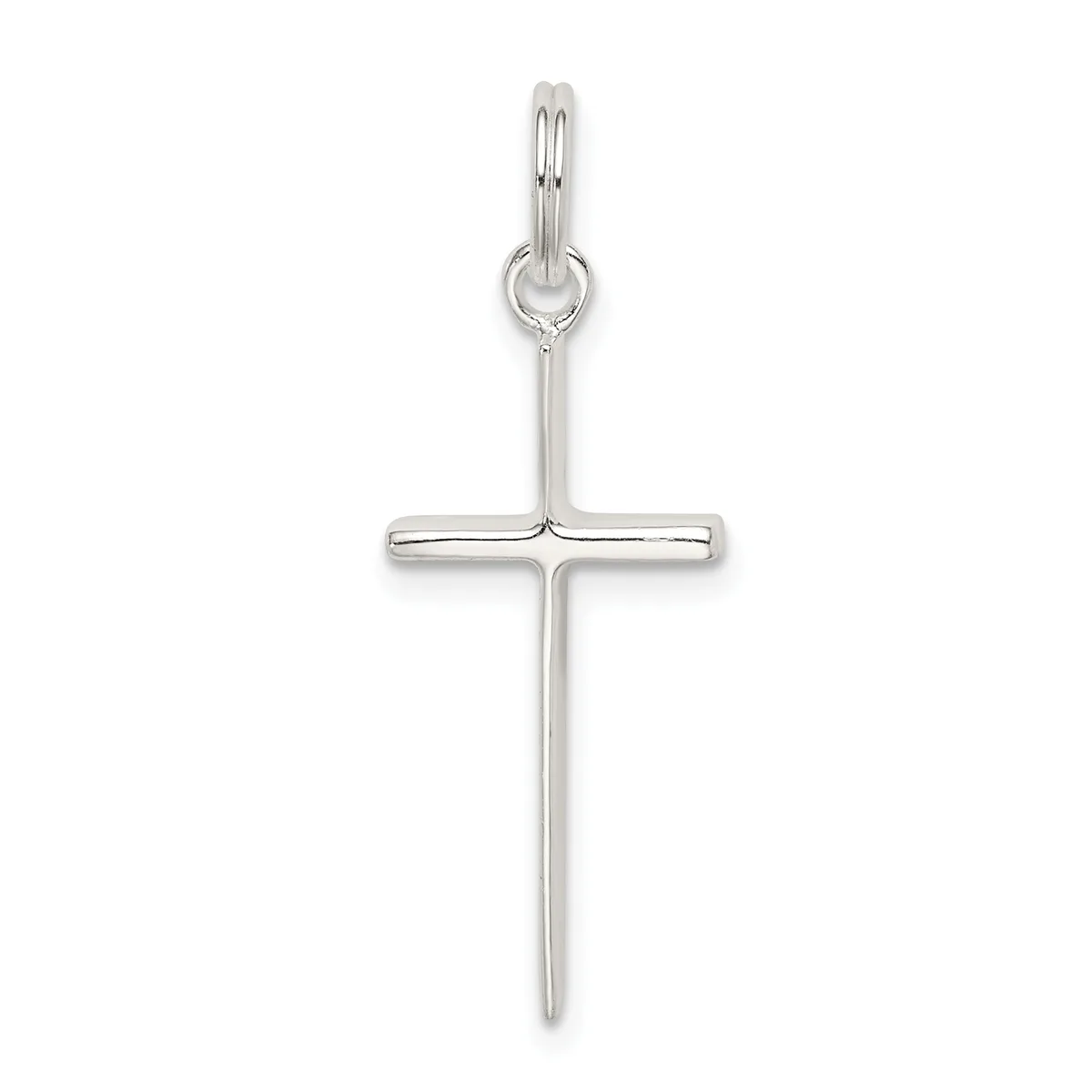 A polished silver cross pendant with a rounded loop bail at the top, displayed against a white background.