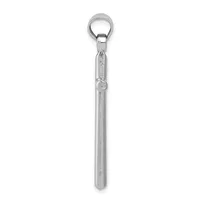A long slender silver-toned metal whistle with a small loop attachment at the top and a small stamped hallmark on its cylindrical body.