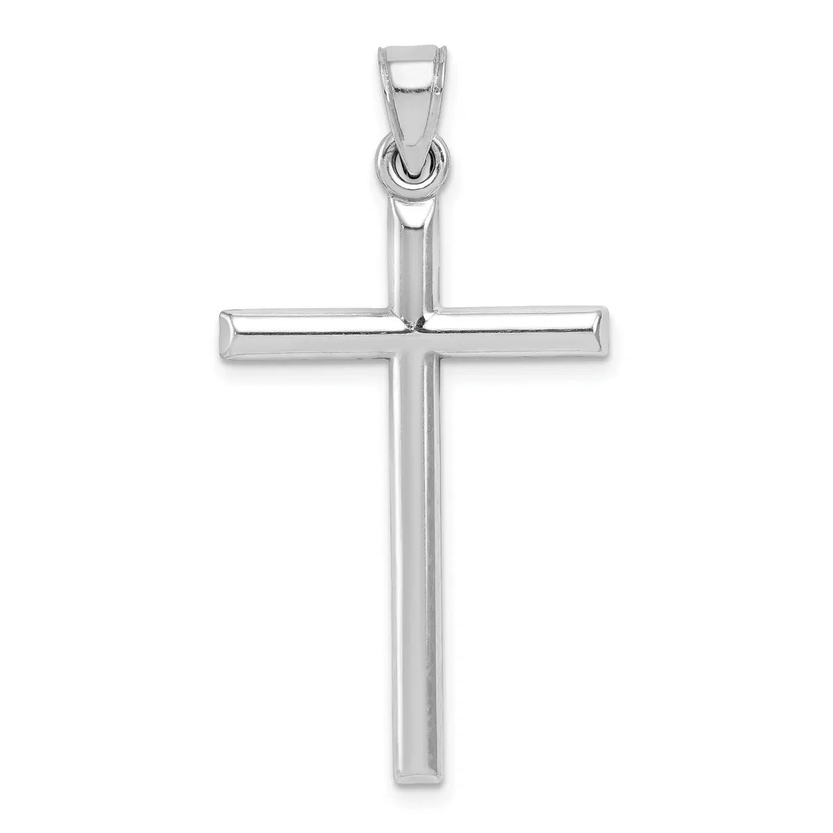 A polished silver cross pendant with a rectangular horizontal beam intersecting a longer vertical beam, featuring a small loop attachment at the top.