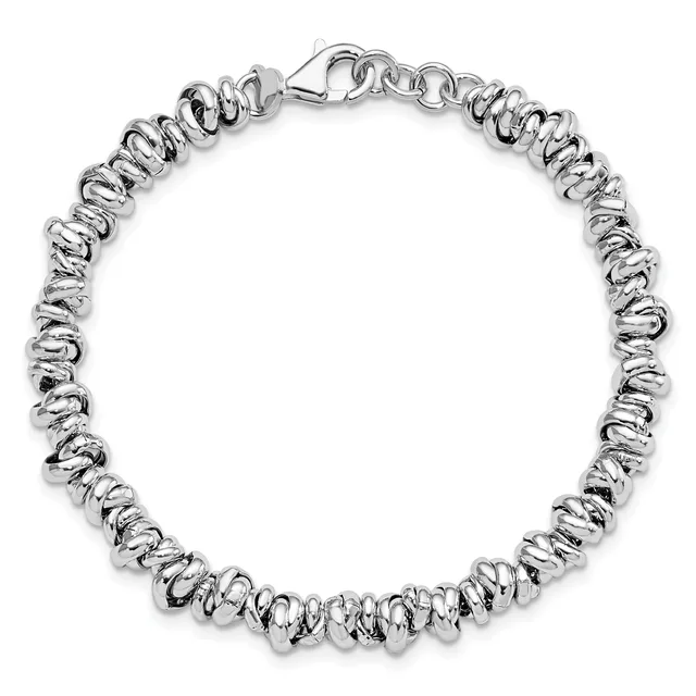 A silver bracelet with a twisted rope design made of linked textured rings, secured with a lobster clasp, displayed against a white background.