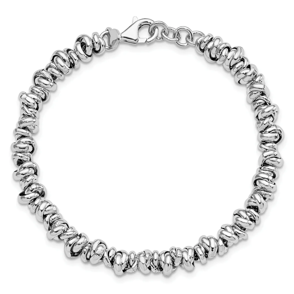 A silver bracelet with a twisted rope design made of linked textured rings, secured with a lobster clasp, displayed against a white background.