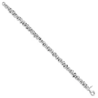 Silver-toned metal bracelet with an openwork chain design featuring repeated oval and circular linked elements, displayed at an angle against a white background.