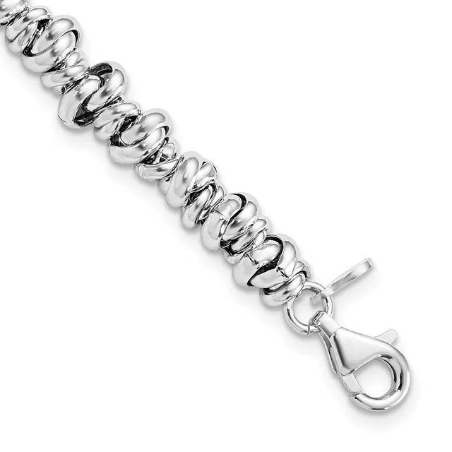 A polished silver bracelet with a series of hollow puffy square links connected together, ending in a lobster clasp closure.