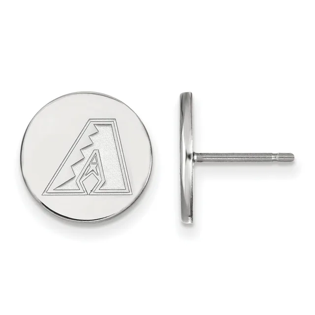 Pair of circular silver stud earrings with an outlined diamond-shaped logo featuring a stylized lightning bolt, shown from front and side views.