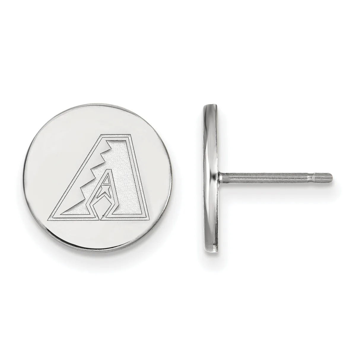 Pair of circular silver stud earrings with an outlined diamond-shaped logo featuring a stylized lightning bolt, shown from front and side views.