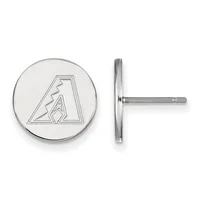 Pair of circular silver stud earrings with an outlined diamond-shaped logo featuring a stylized lightning bolt, shown from front and side views.