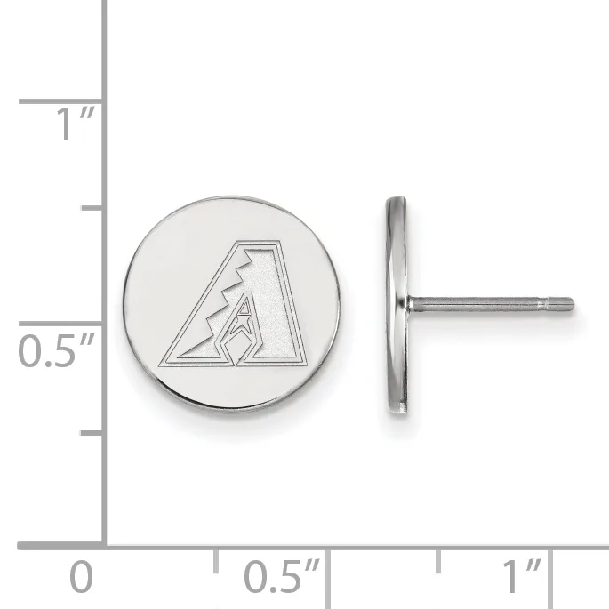 Silver circular stud earrings with an etched diamond-shaped logo, shown front and side view next to a measurement scale.