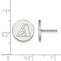 Silver circular stud earrings with an etched diamond-shaped logo, shown front and side view next to a measurement scale.