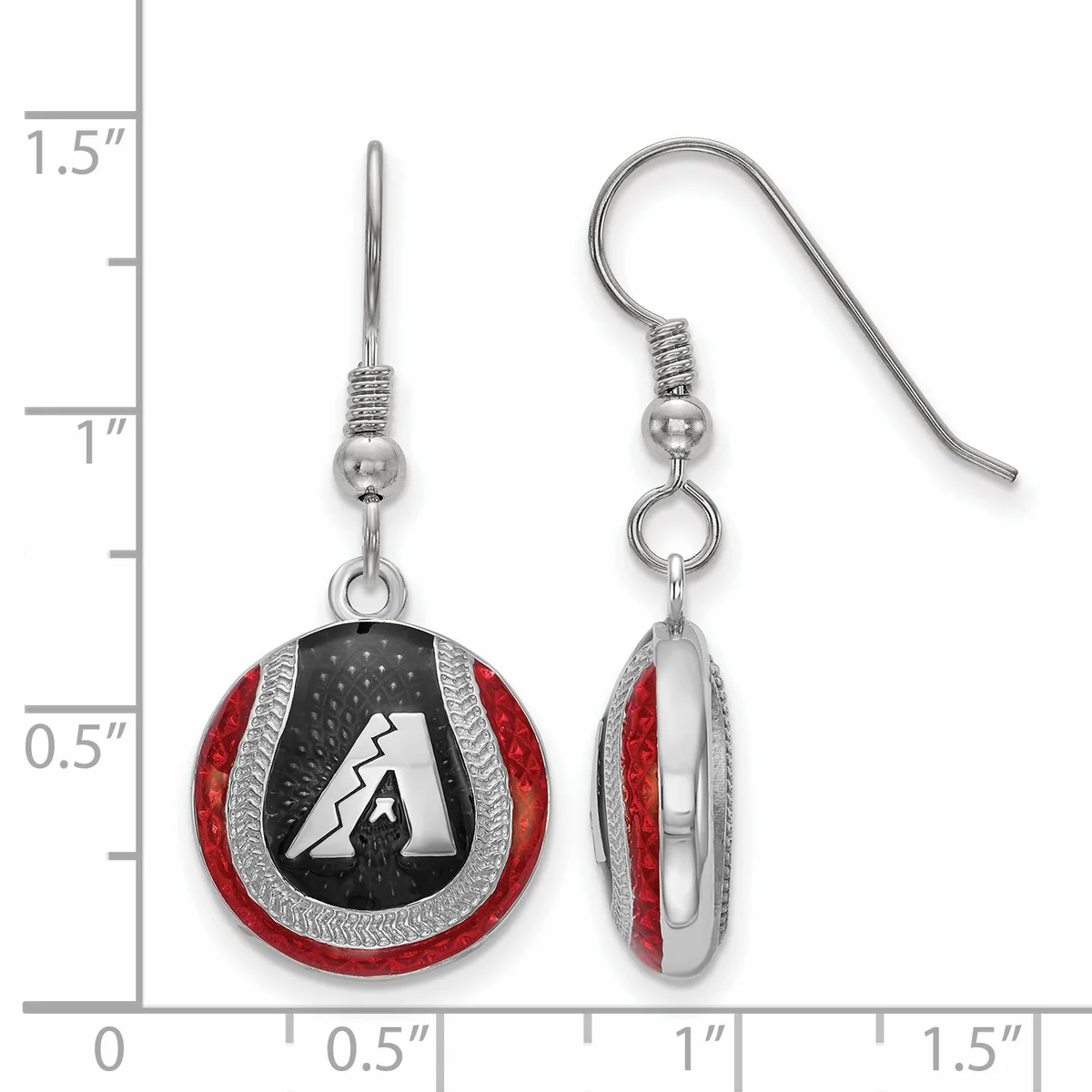 A pair of dangle earrings featuring red enamel and silver-toned metal circular pendants with black and white geometric designs, shown front and back next to a measurement ruler.