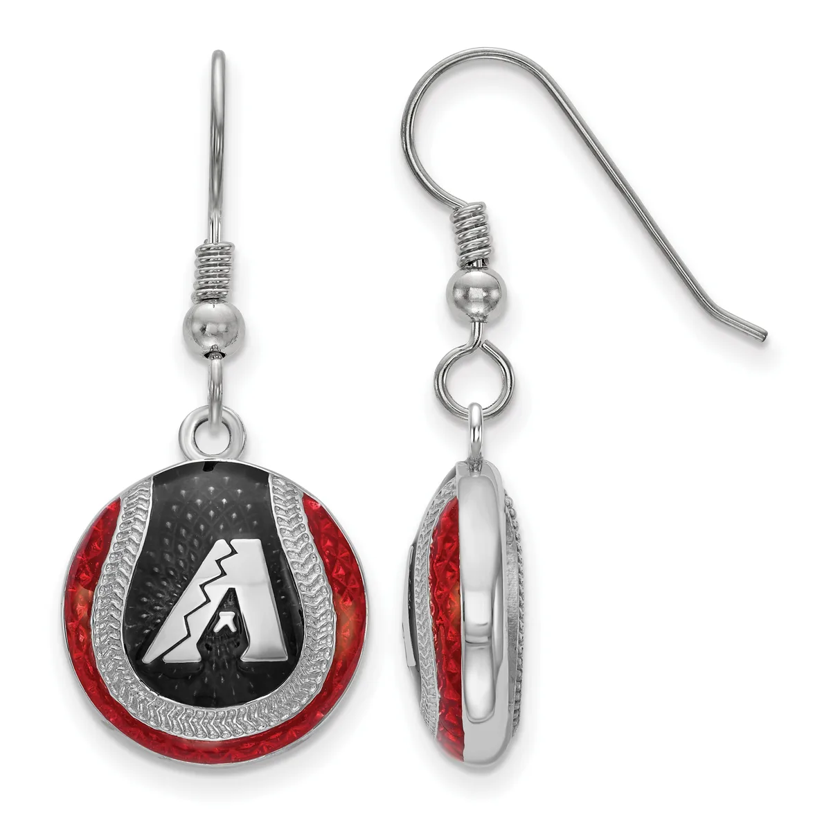 Pair of round dangle earrings with red enamel outer ring, black center with white lightning bolt design, silver-tone metal frame, and matching shepherd's hook ear wires.