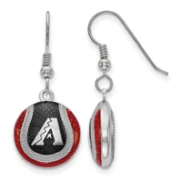 Pair of round dangle earrings with red enamel outer ring, black center with white lightning bolt design, silver-tone metal frame, and matching shepherd's hook ear wires.