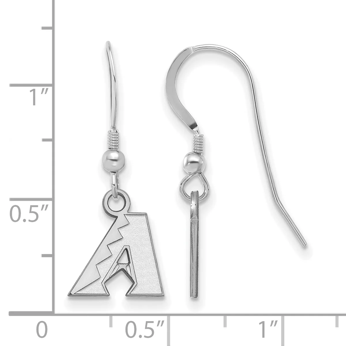 Pair of silver-colored dangle earrings with fish hook wires, featuring a triangular pendant with cutout design, shown against a ruler for scale.