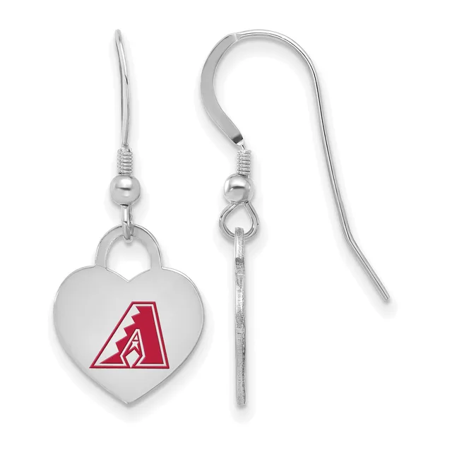 A pair of silver-toned heart-shaped earrings with a red logo, displayed showing both the front view with the heart pendant and the back view showing the ear wire attachment.