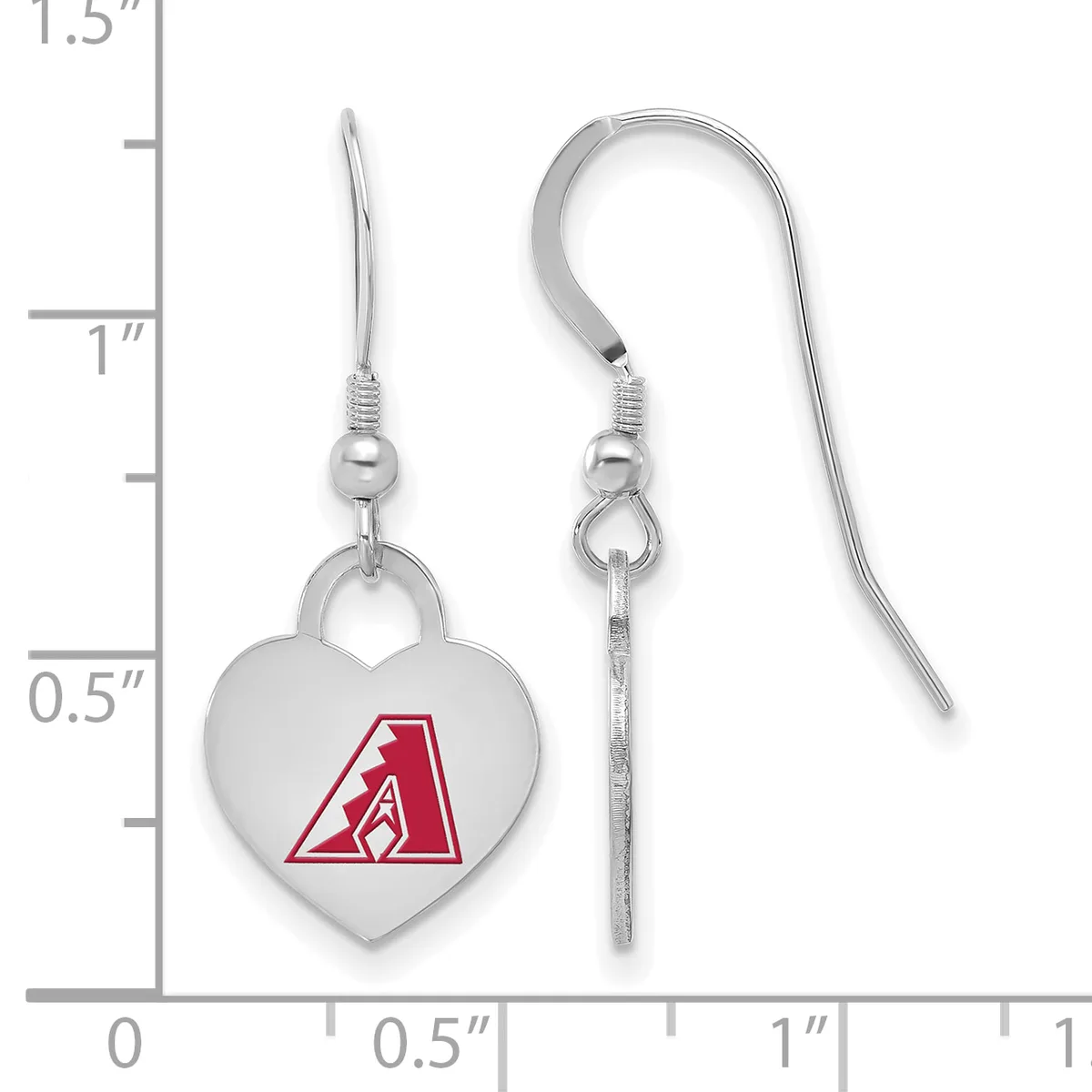 Pair of silver-toned heart-shaped earrings with a red "A" logo, displayed next to a ruler showing approximately 1.25 inches in length.