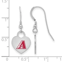 Pair of silver-toned heart-shaped earrings with a red "A" logo, displayed next to a ruler showing approximately 1.25 inches in length.