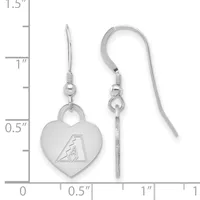 Pair of silver-colored heart-shaped dangle earrings with a baseball team logo, shown next to a ruler measuring approximately one inch in length.
