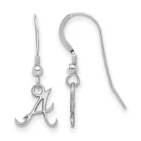 A pair of silver-toned earrings with curved fish hook wires, each featuring a small bead and an ornamental letter A pendant hanging below.