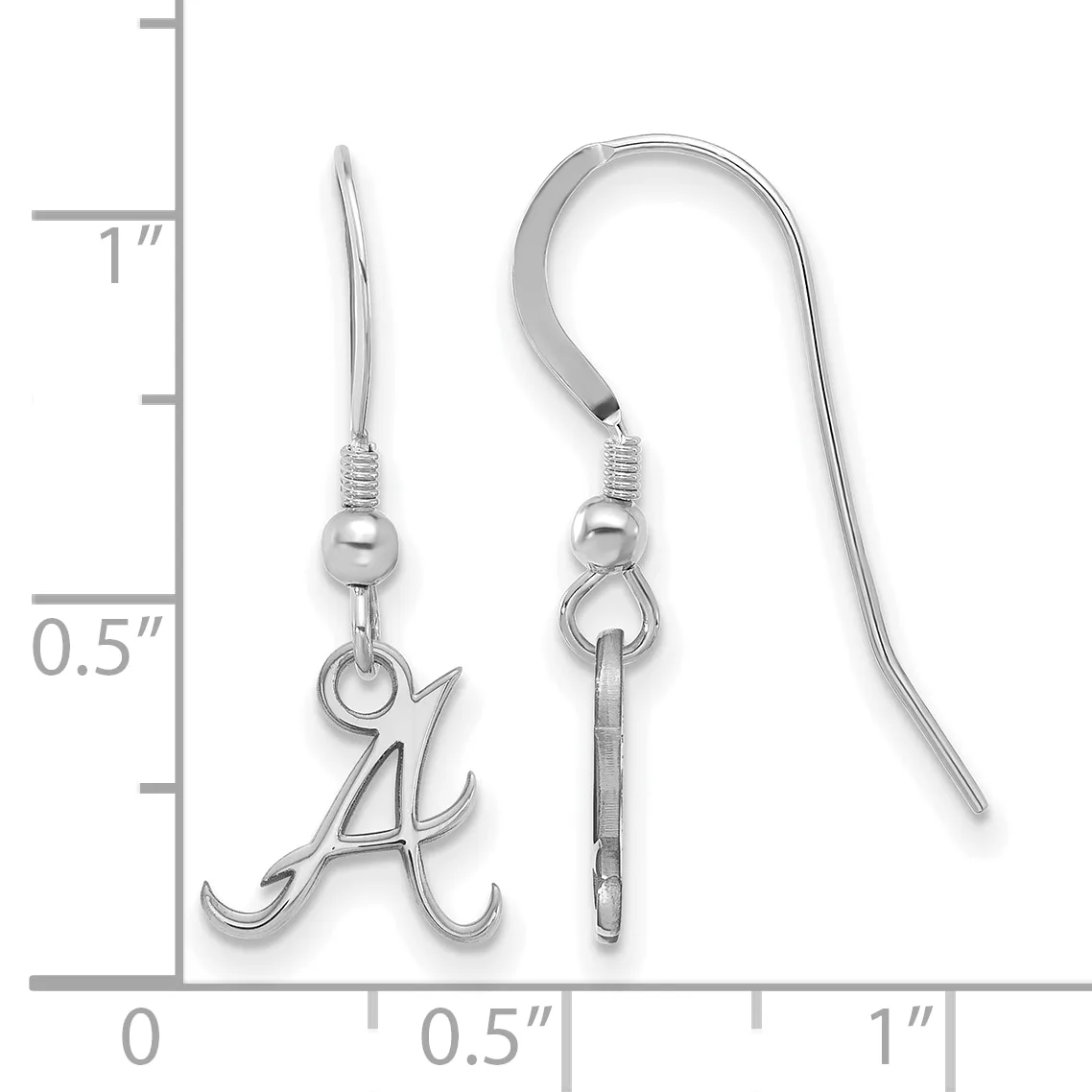 Two silver-toned fish-shaped charm earrings with hook wires displayed next to a ruler showing approximately one inch in length.
