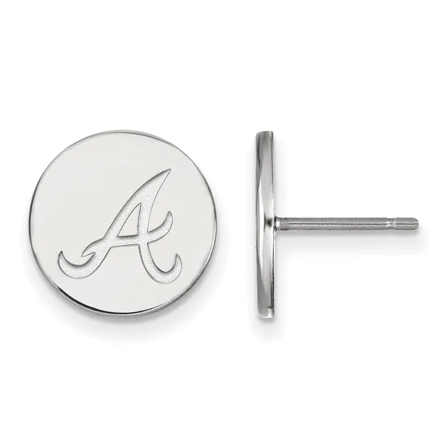 A pair of silver-toned circular stud earrings with an engraved cursive letter A, shown from front and side views.