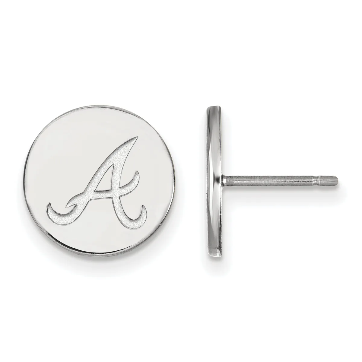 A pair of silver-toned circular stud earrings with an engraved cursive letter A, shown from front and side views.