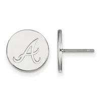 A pair of silver-toned circular stud earrings with an engraved cursive letter A, shown from front and side views.