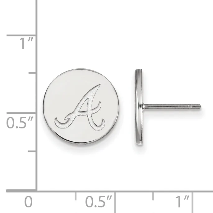 Silver-colored circular stud earrings with an engraved initial A, shown front and side view against a measurement scale.