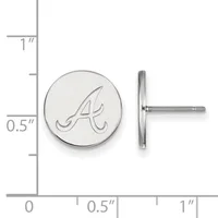 Silver-colored circular stud earrings with an engraved initial A, shown front and side view against a measurement scale.