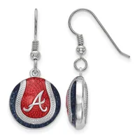 Pair of round dangle earrings with red enamel centers featuring a white "A" logo, surrounded by navy blue and silver textured borders, suspended from silver-toned hooks.