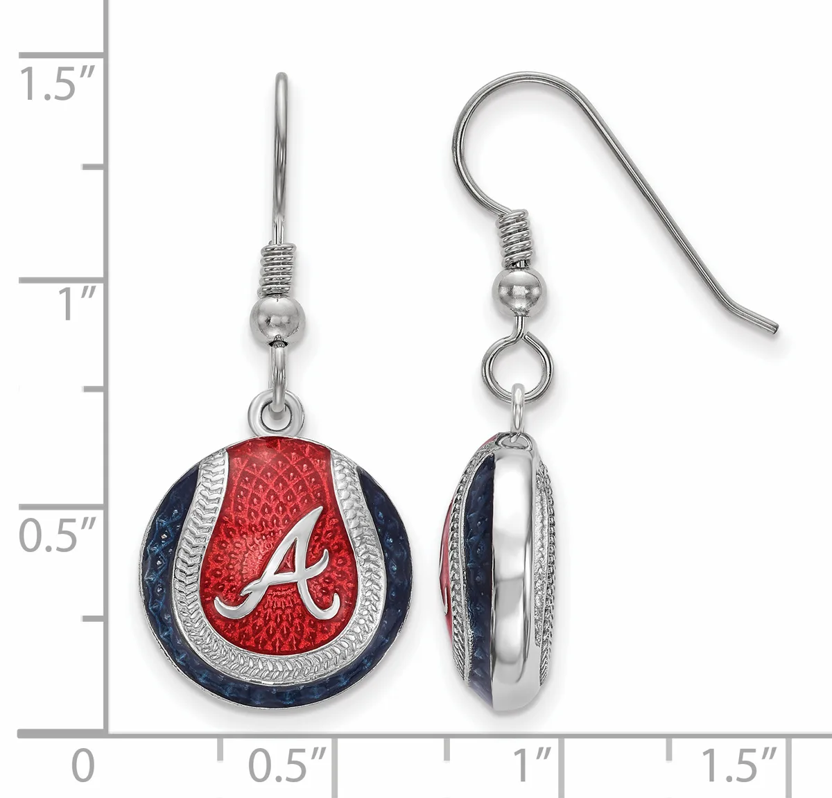 Pair of dangle earrings with red and navy blue enamel circular charms featuring a white "A" logo, suspended from silver-toned hooks with beaded details, shown against a measurement scale.
